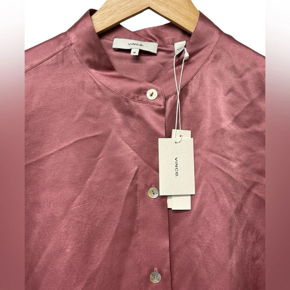 VINCE Shirred Band-Collar 100% Silk Satin Blouse in Rose Root Color - Picture 5 of 8